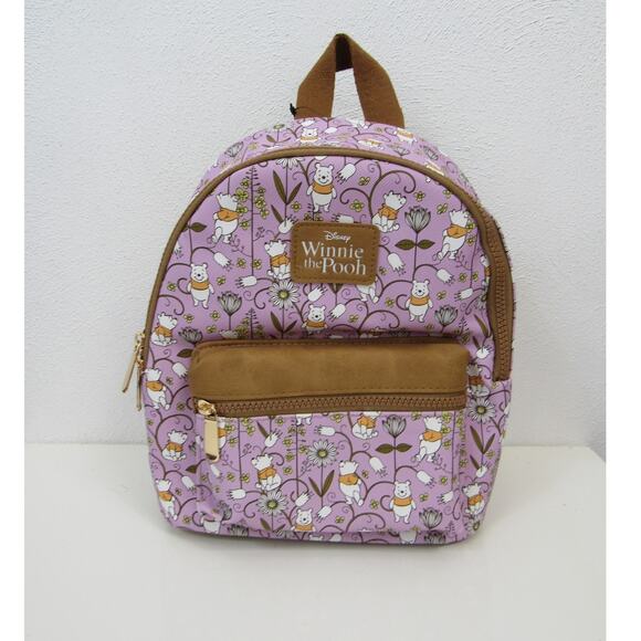 Bioworld Handbags - NWT Bioworld Winnie the Pooh Mini Back Pack Purple Floral Brown Suede NEW